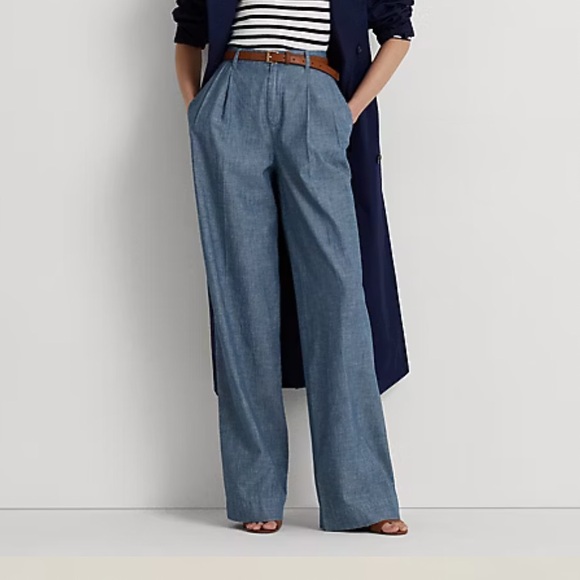 Lauren Ralph Lauren LRL Wide Leg Chambray Pants Pleated High Rise Size 12 - Picture 1 of 9
